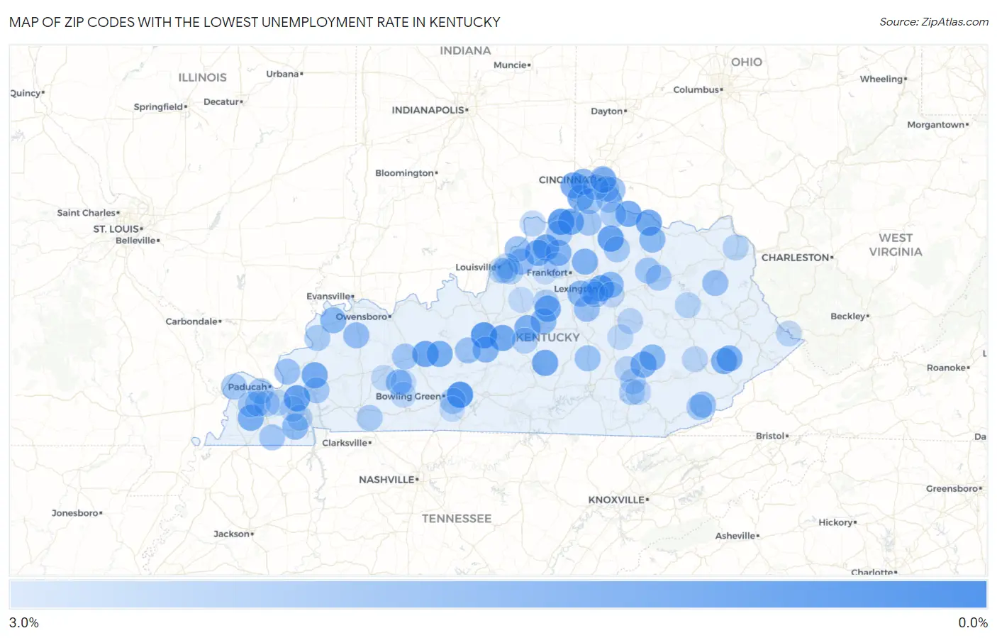 Zip Codes with the Lowest Unemployment Rate in Kentucky Map