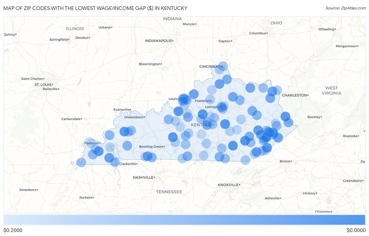 Zip Codes with the Lowest Wage/Income Gap ($) in Kentucky Map