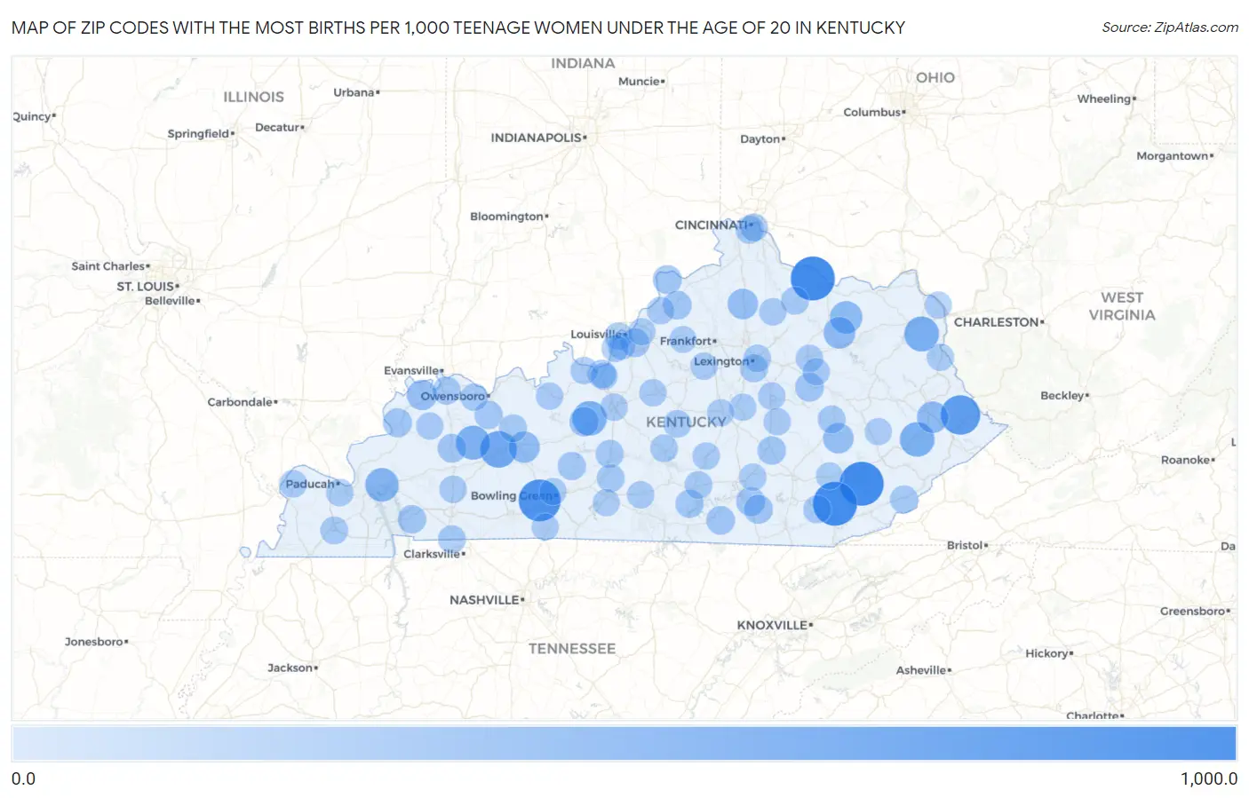 Zip Codes with the Most Births per 1,000 Teenage Women Under the Age of 20 in Kentucky Map