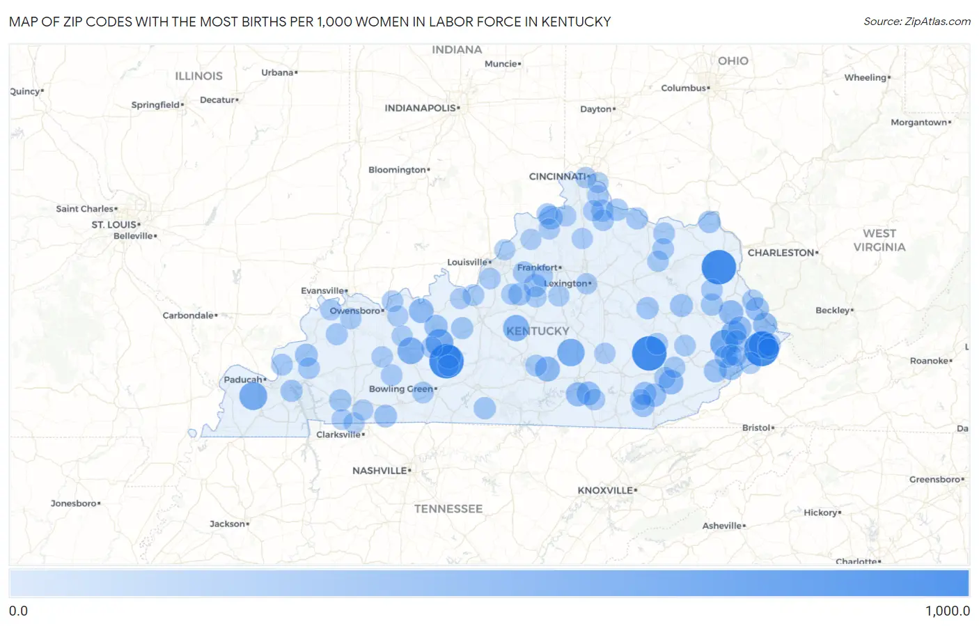 Zip Codes with the Most Births per 1,000 Women in Labor Force in Kentucky Map
