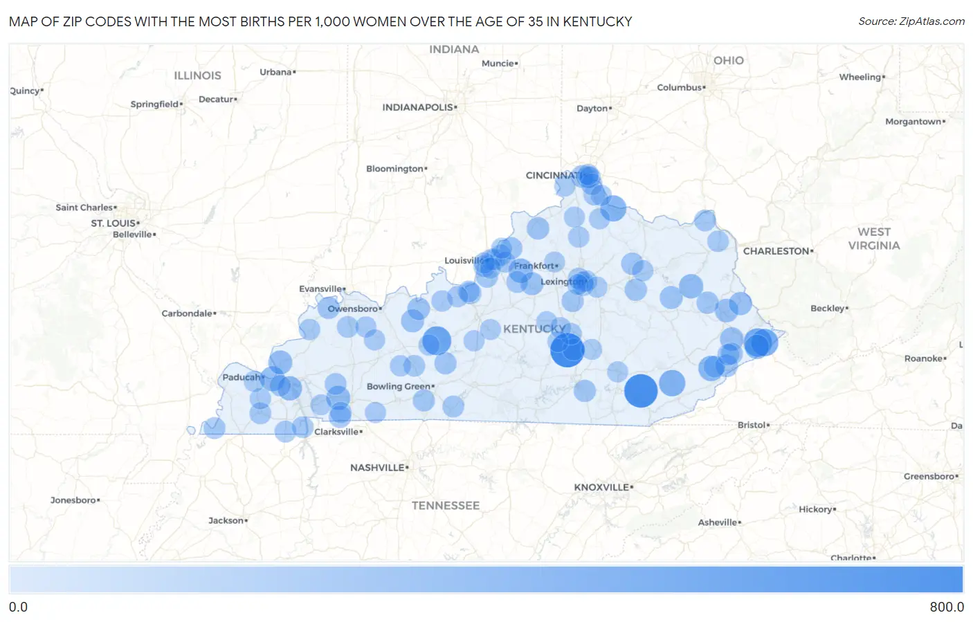 Zip Codes with the Most Births per 1,000 Women Over the Age of 35 in Kentucky Map