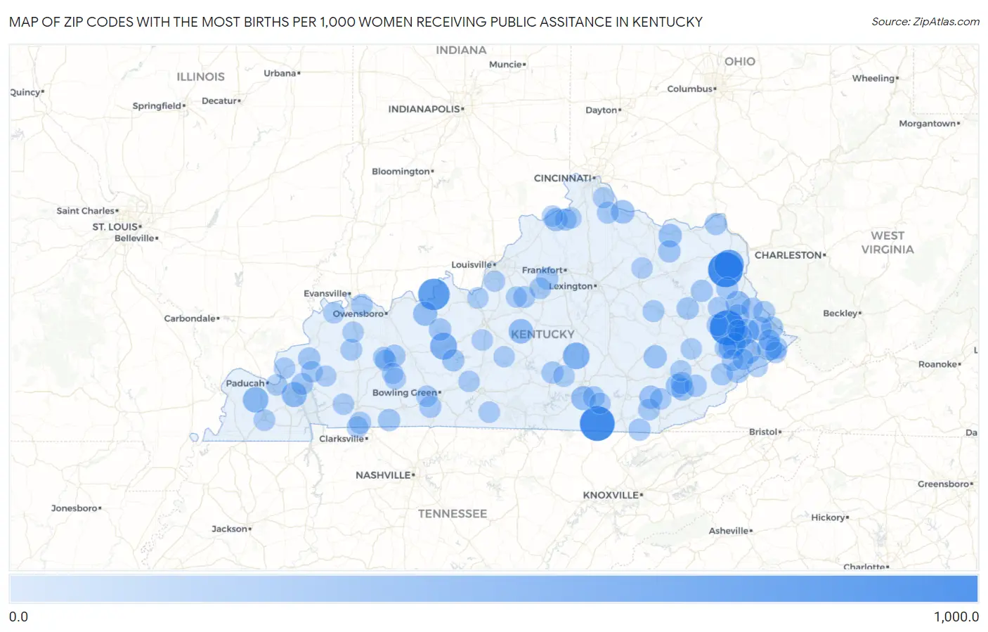 Zip Codes with the Most Births per 1,000 Women Receiving Public Assitance in Kentucky Map