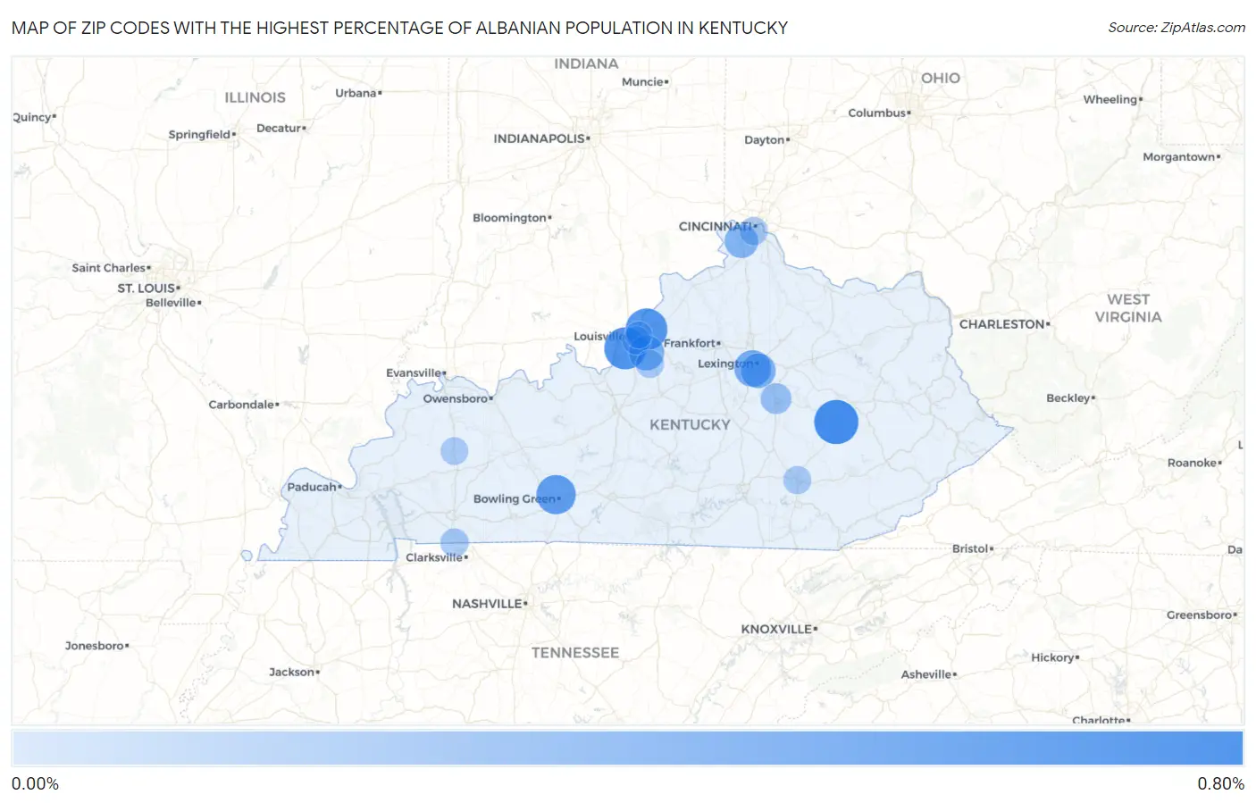 Zip Codes with the Highest Percentage of Albanian Population in Kentucky Map