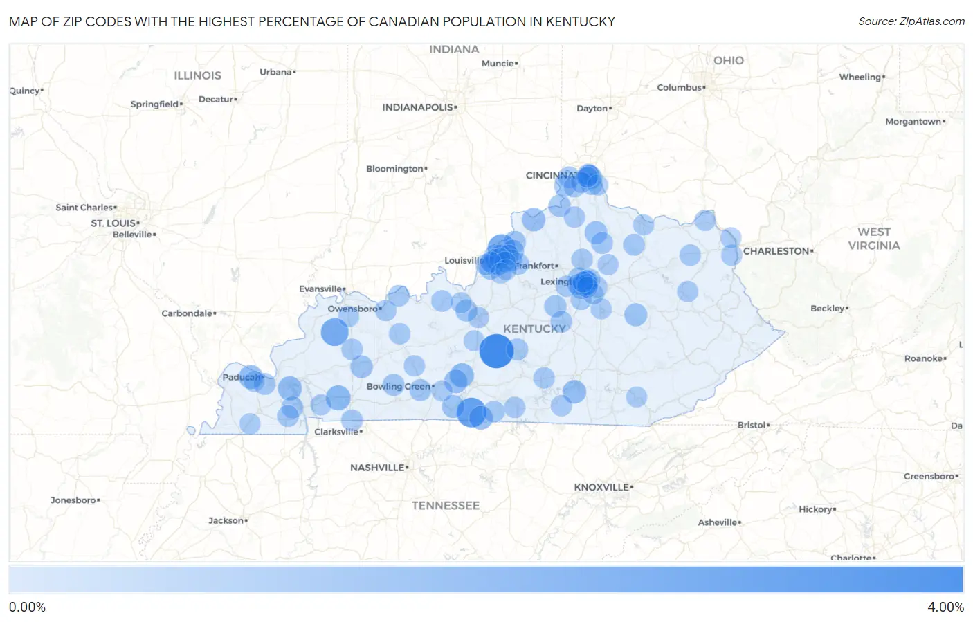 Zip Codes with the Highest Percentage of Canadian Population in Kentucky Map