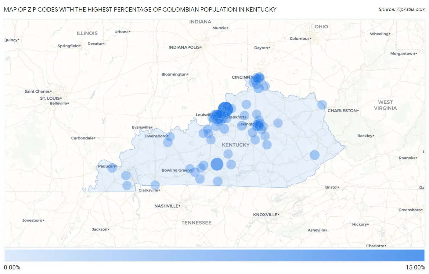Zip Codes with the Highest Percentage of Colombian Population in Kentucky Map