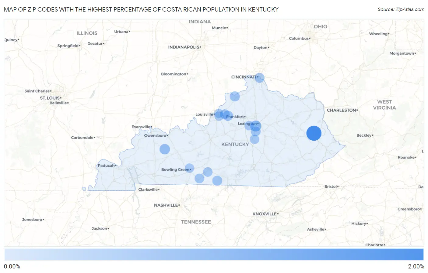 Zip Codes with the Highest Percentage of Costa Rican Population in Kentucky Map