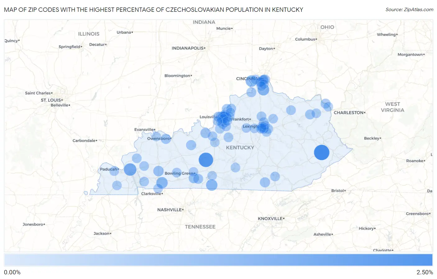 Zip Codes with the Highest Percentage of Czechoslovakian Population in Kentucky Map