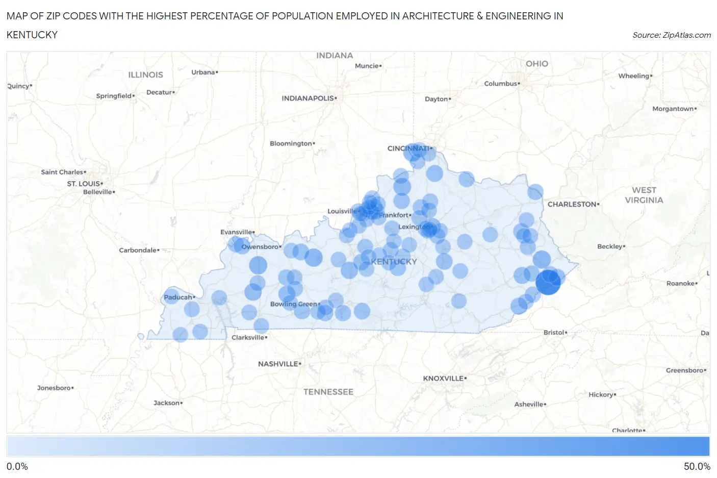 Zip Codes with the Highest Percentage of Population Employed in Architecture & Engineering in Kentucky Map