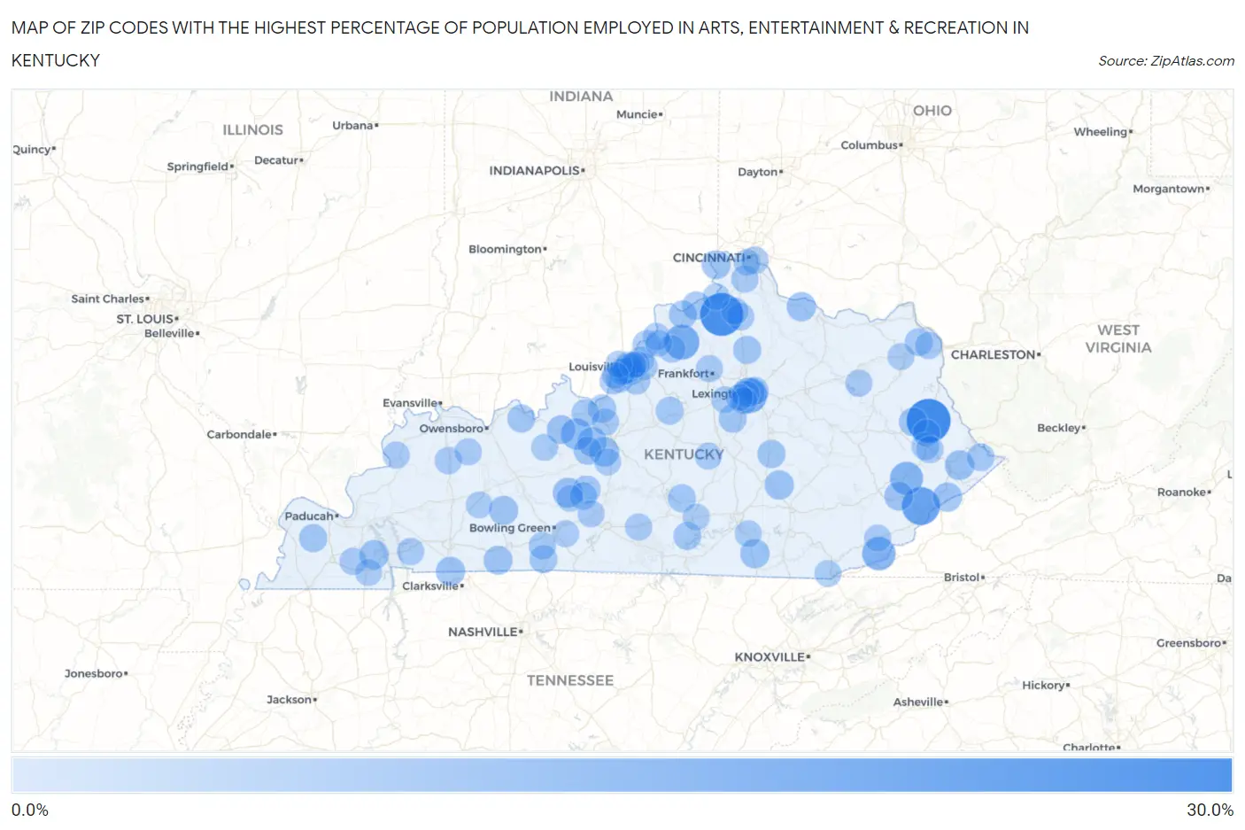Zip Codes with the Highest Percentage of Population Employed in Arts, Entertainment & Recreation in Kentucky Map