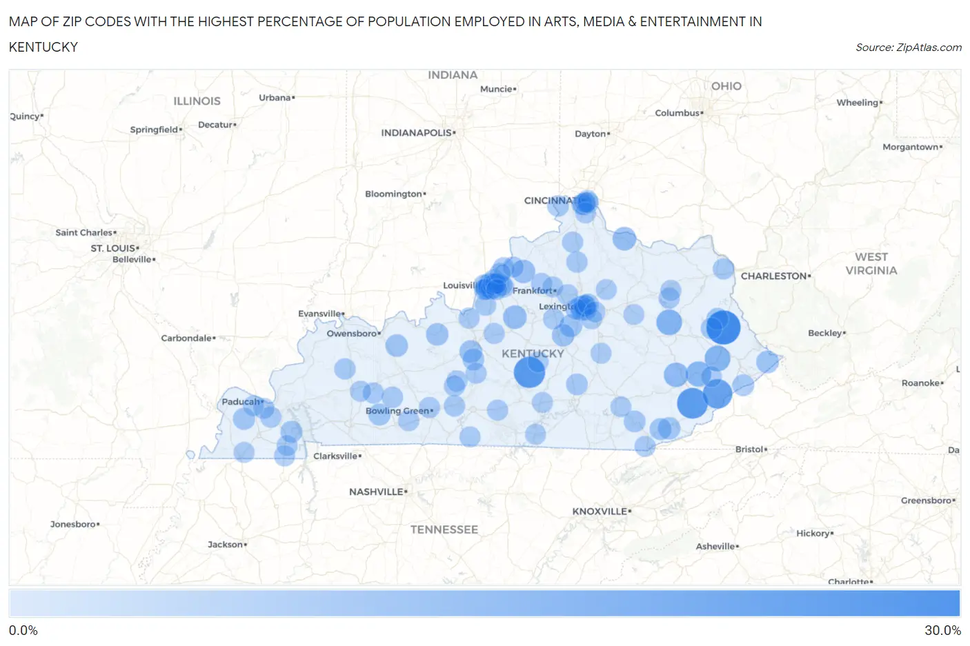 Zip Codes with the Highest Percentage of Population Employed in Arts, Media & Entertainment in Kentucky Map