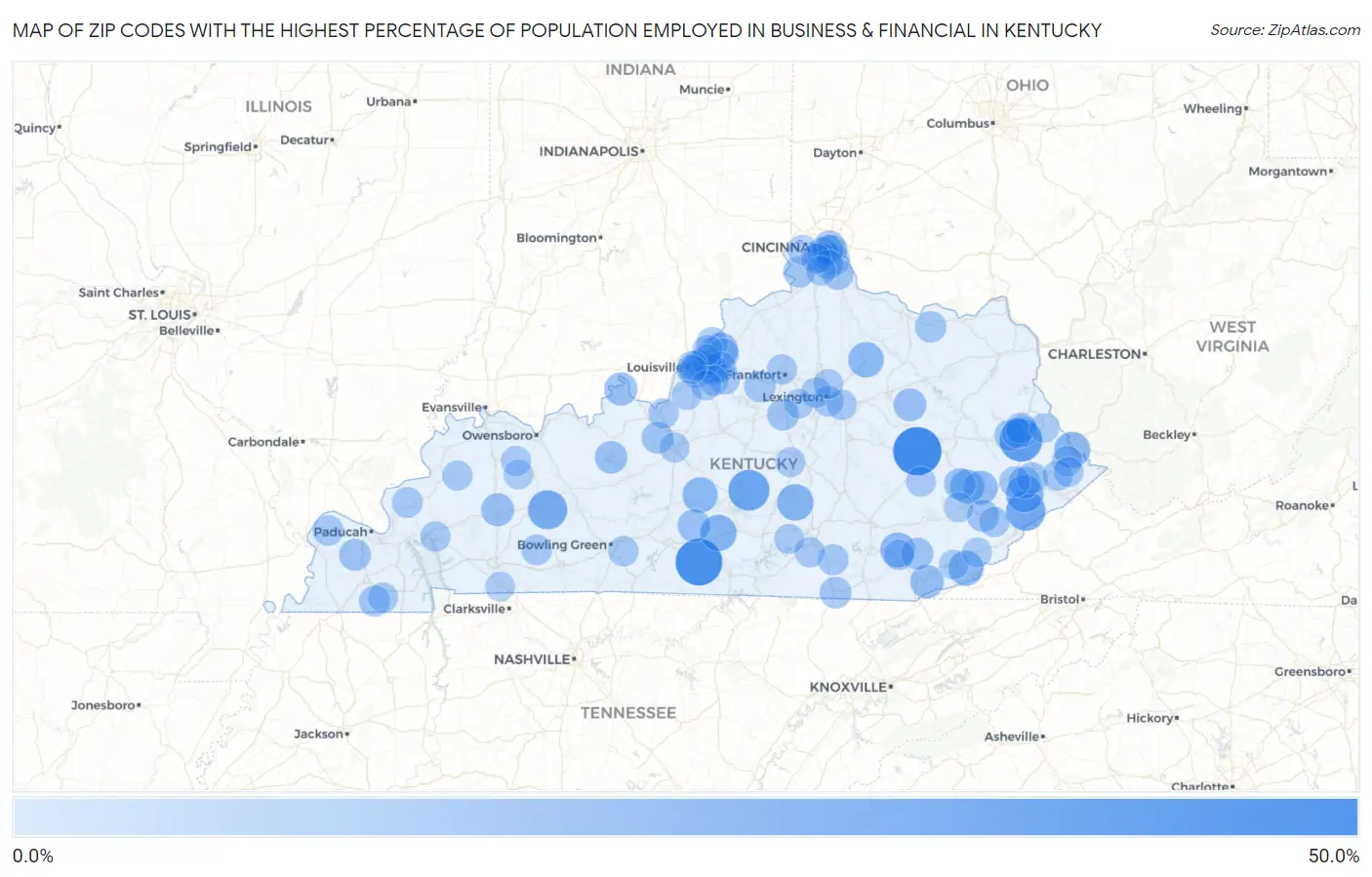 Zip Codes with the Highest Percentage of Population Employed in Business & Financial in Kentucky Map