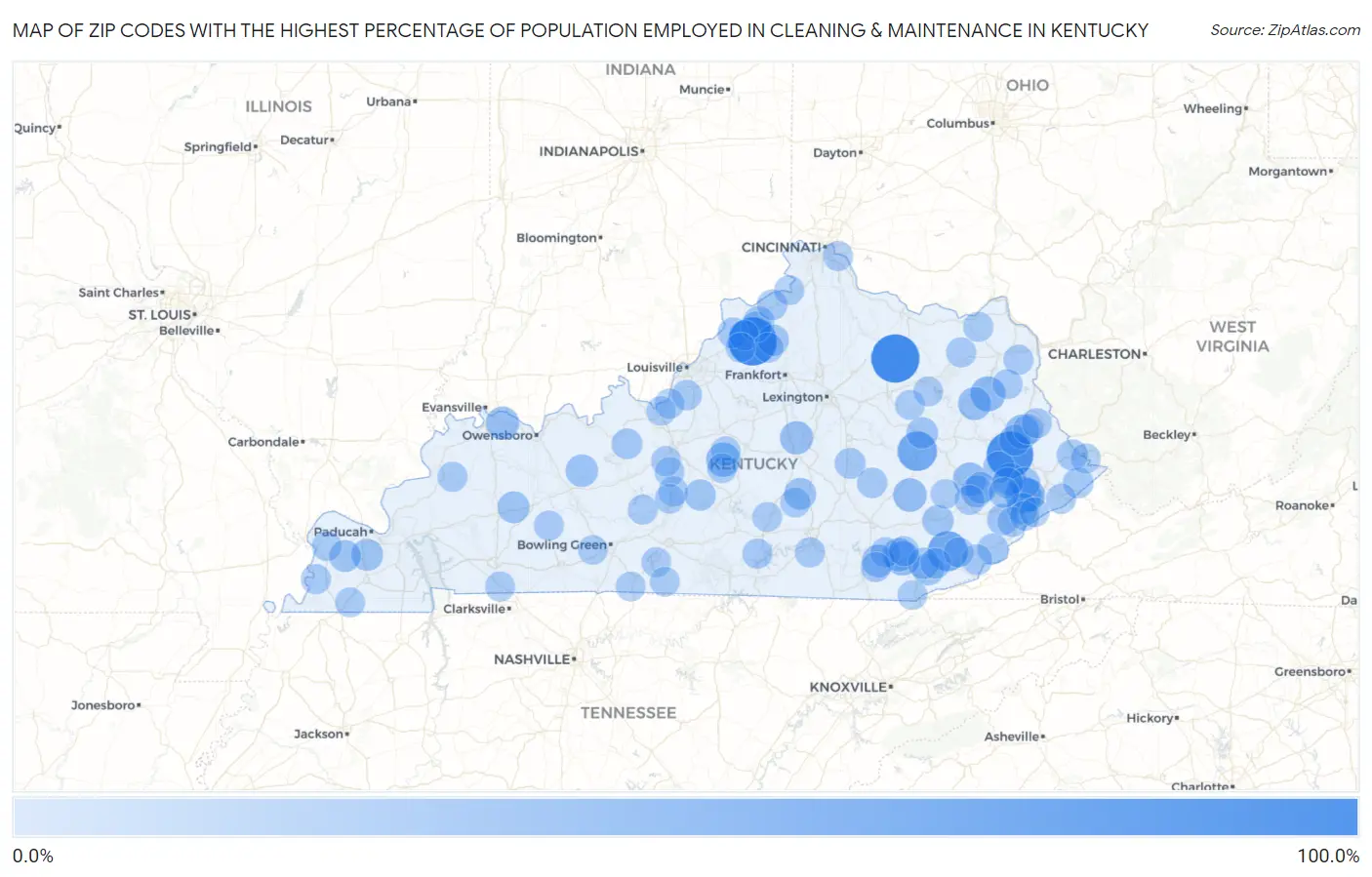 Zip Codes with the Highest Percentage of Population Employed in Cleaning & Maintenance in Kentucky Map