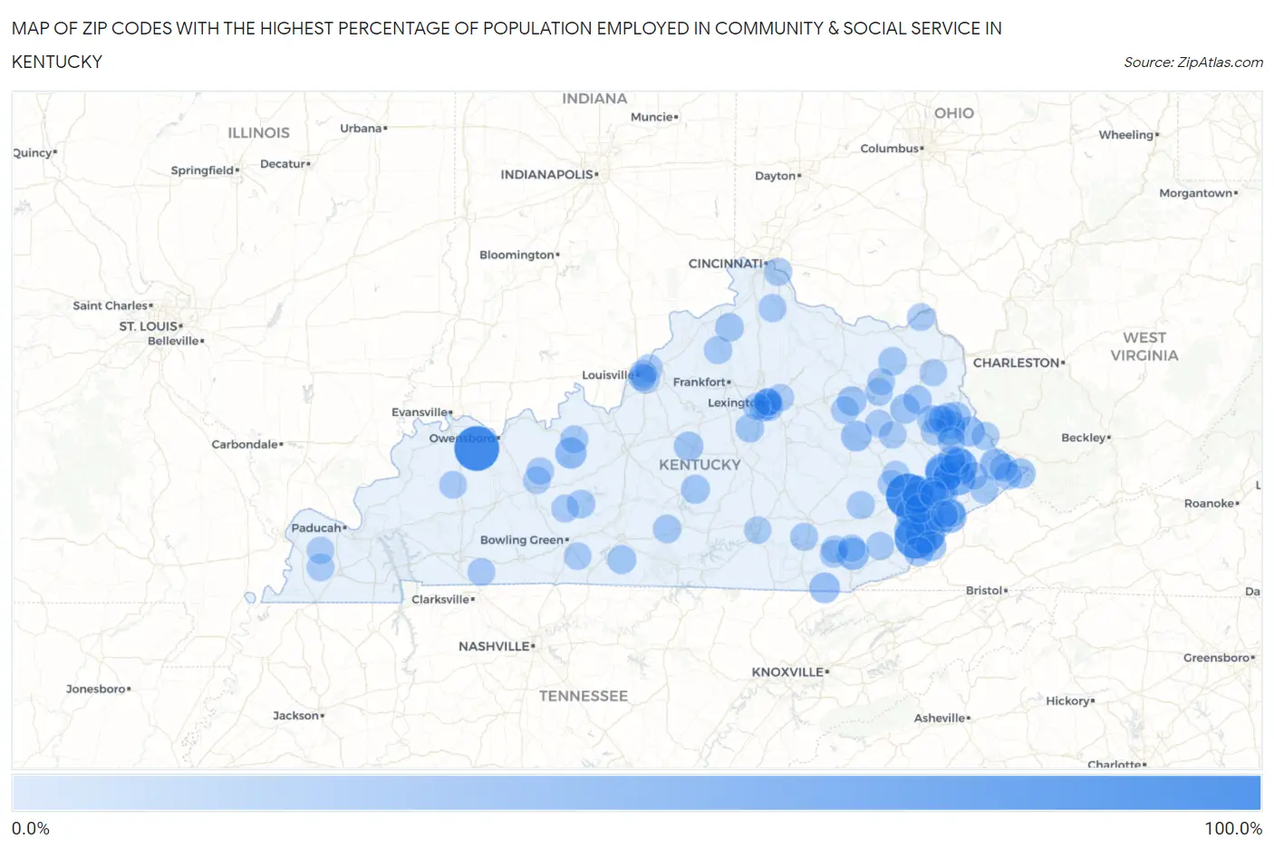 Zip Codes with the Highest Percentage of Population Employed in Community & Social Service  in Kentucky Map