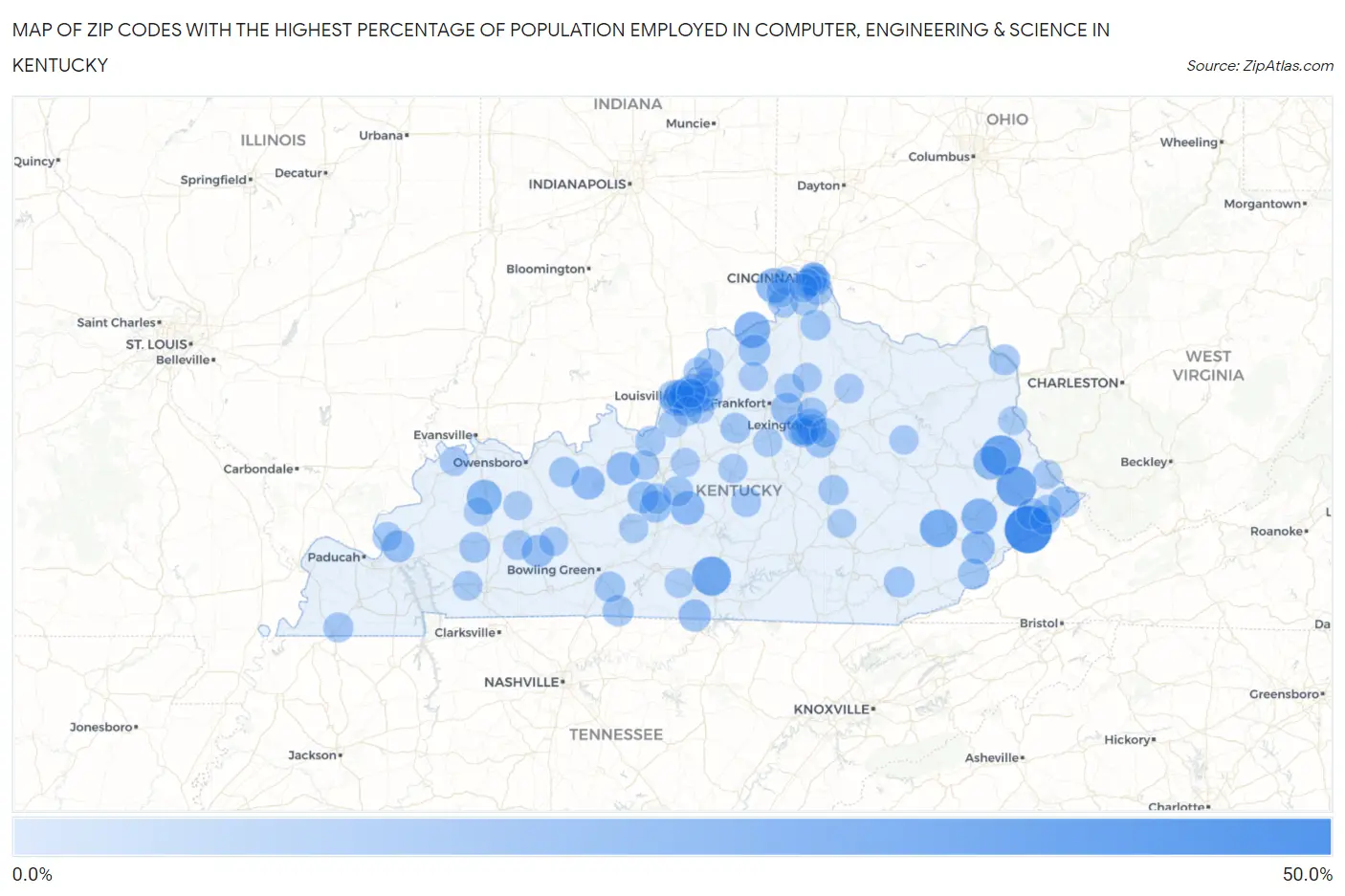 Zip Codes with the Highest Percentage of Population Employed in Computer, Engineering & Science in Kentucky Map
