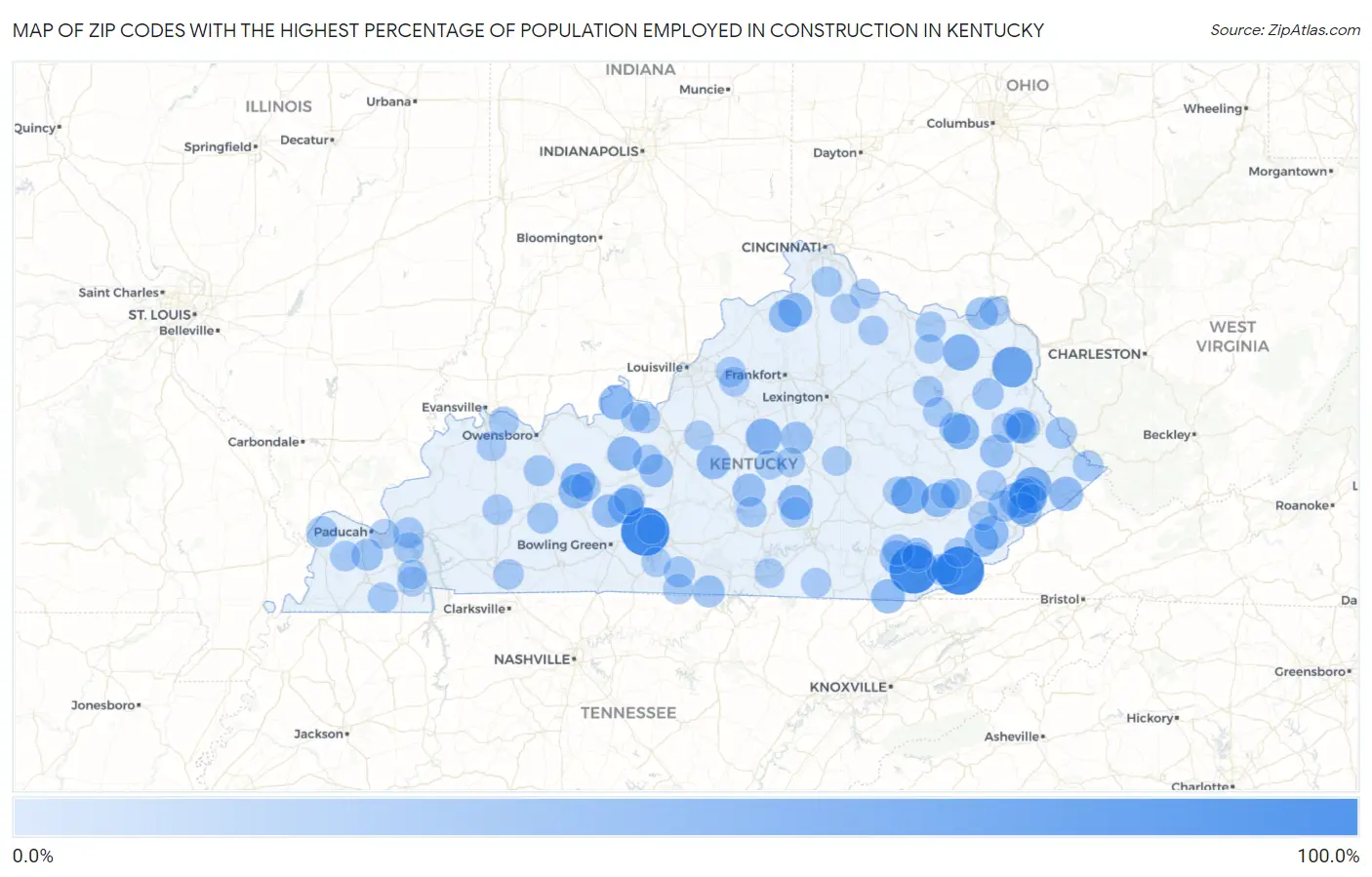 Zip Codes with the Highest Percentage of Population Employed in Construction in Kentucky Map