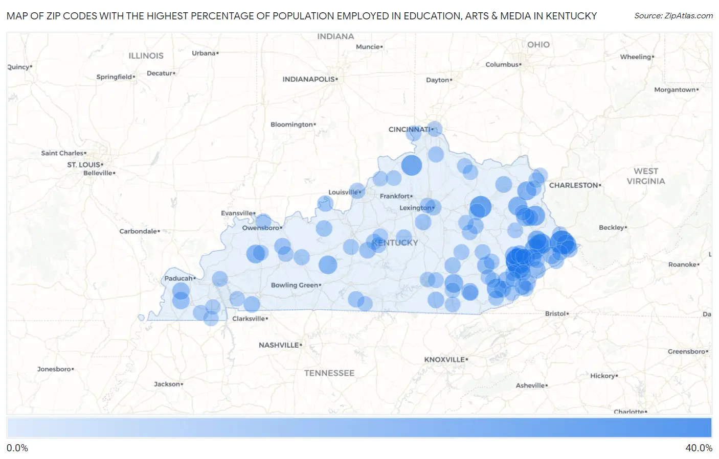 Zip Codes with the Highest Percentage of Population Employed in Education, Arts & Media in Kentucky Map