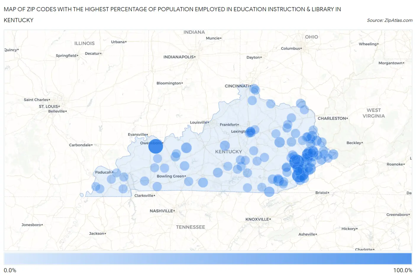 Zip Codes with the Highest Percentage of Population Employed in Education Instruction & Library in Kentucky Map