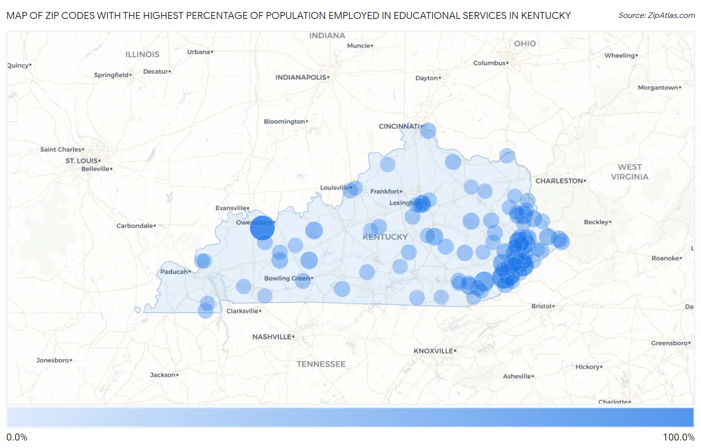 Zip Codes with the Highest Percentage of Population Employed in Educational Services in Kentucky Map