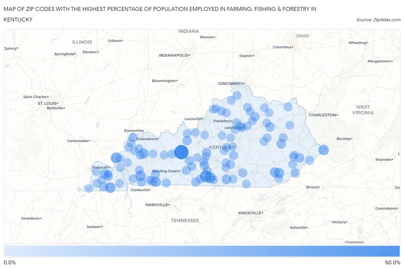 Zip Codes with the Highest Percentage of Population Employed in Farming, Fishing & Forestry in Kentucky Map