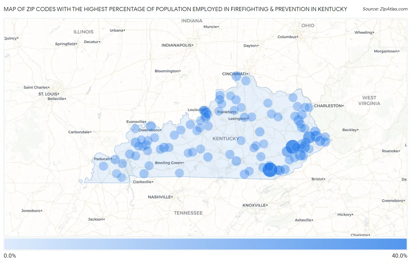 Zip Codes with the Highest Percentage of Population Employed in Firefighting & Prevention in Kentucky Map