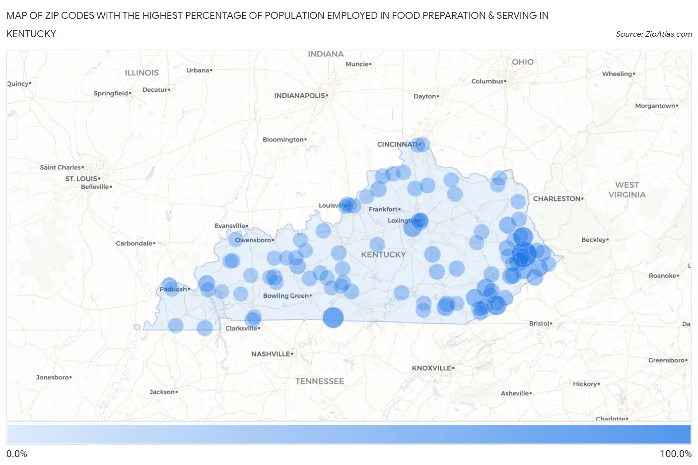 Zip Codes with the Highest Percentage of Population Employed in Food Preparation & Serving in Kentucky Map