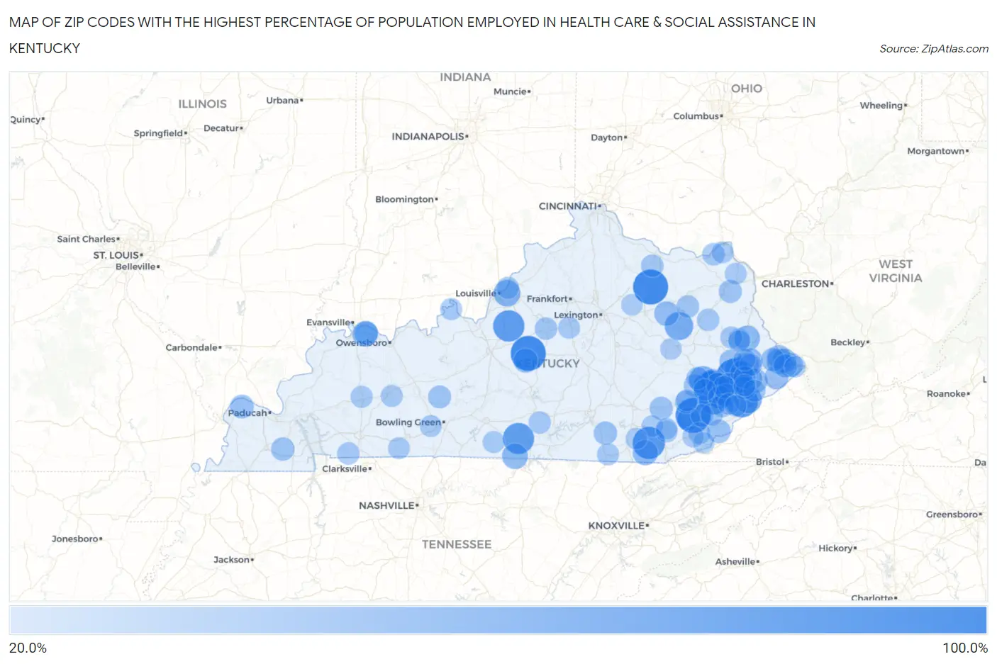 Zip Codes with the Highest Percentage of Population Employed in Health Care & Social Assistance in Kentucky Map