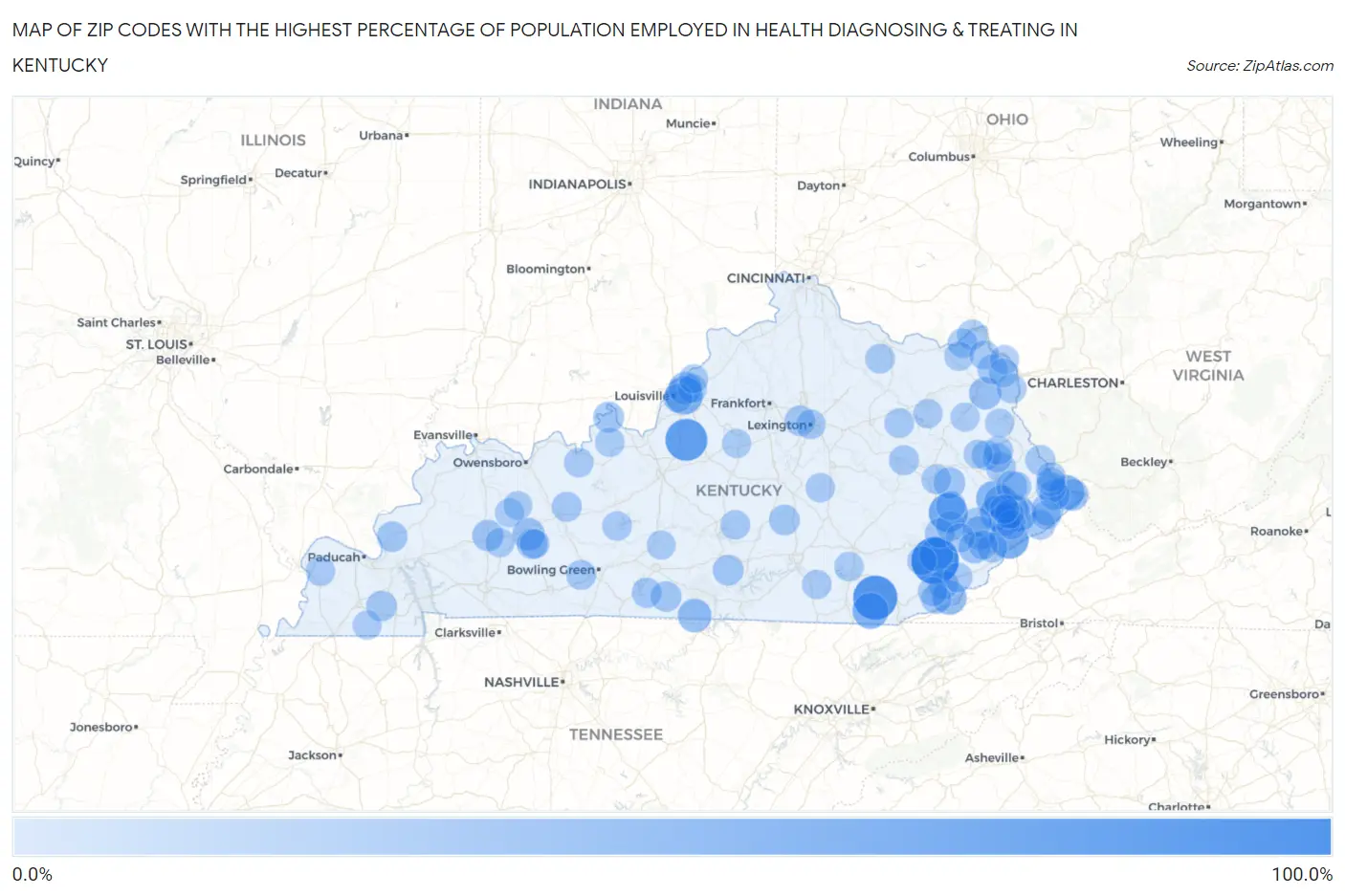 Zip Codes with the Highest Percentage of Population Employed in Health Diagnosing & Treating in Kentucky Map