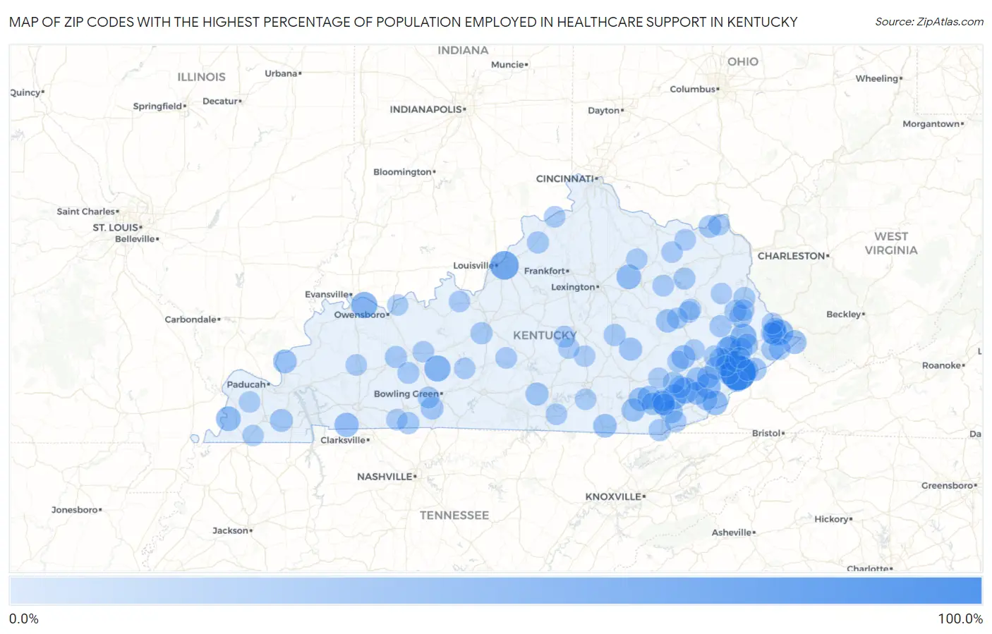 Zip Codes with the Highest Percentage of Population Employed in Healthcare Support in Kentucky Map