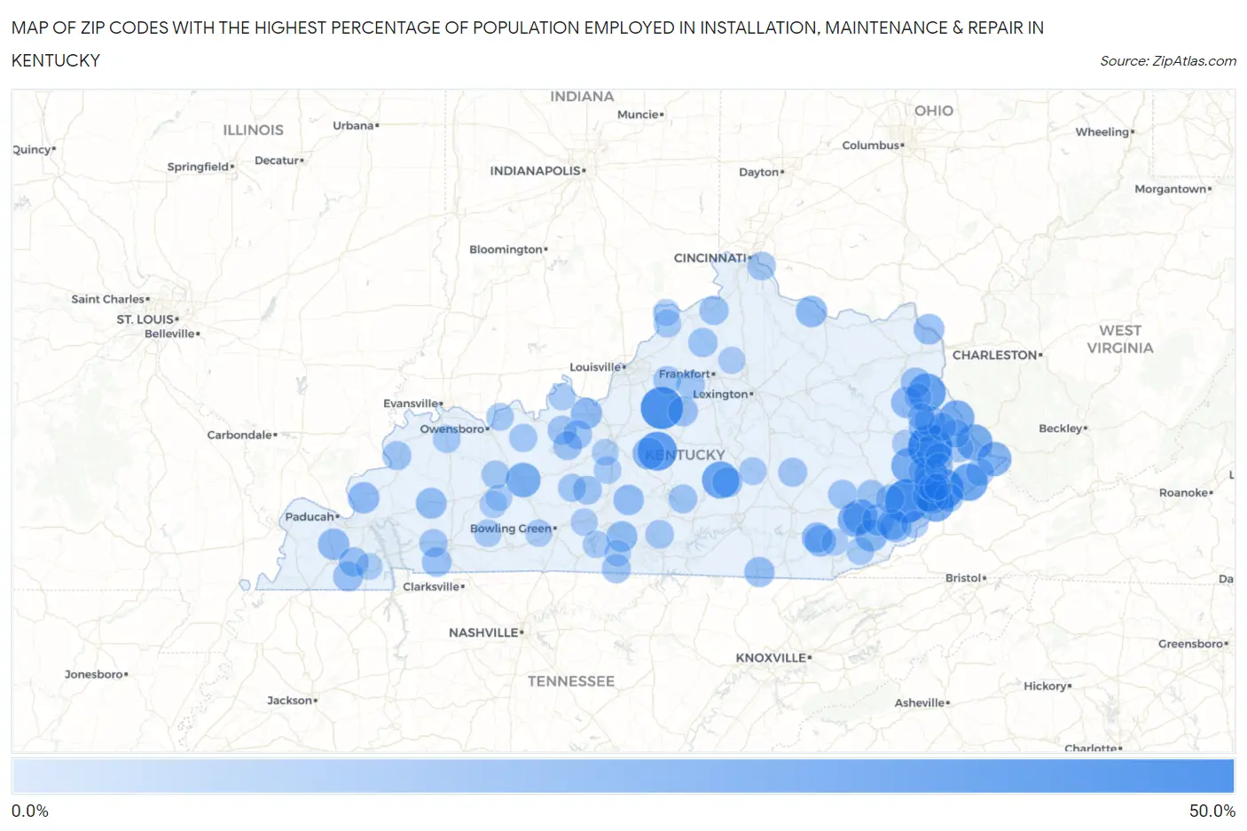 Zip Codes with the Highest Percentage of Population Employed in Installation, Maintenance & Repair in Kentucky Map