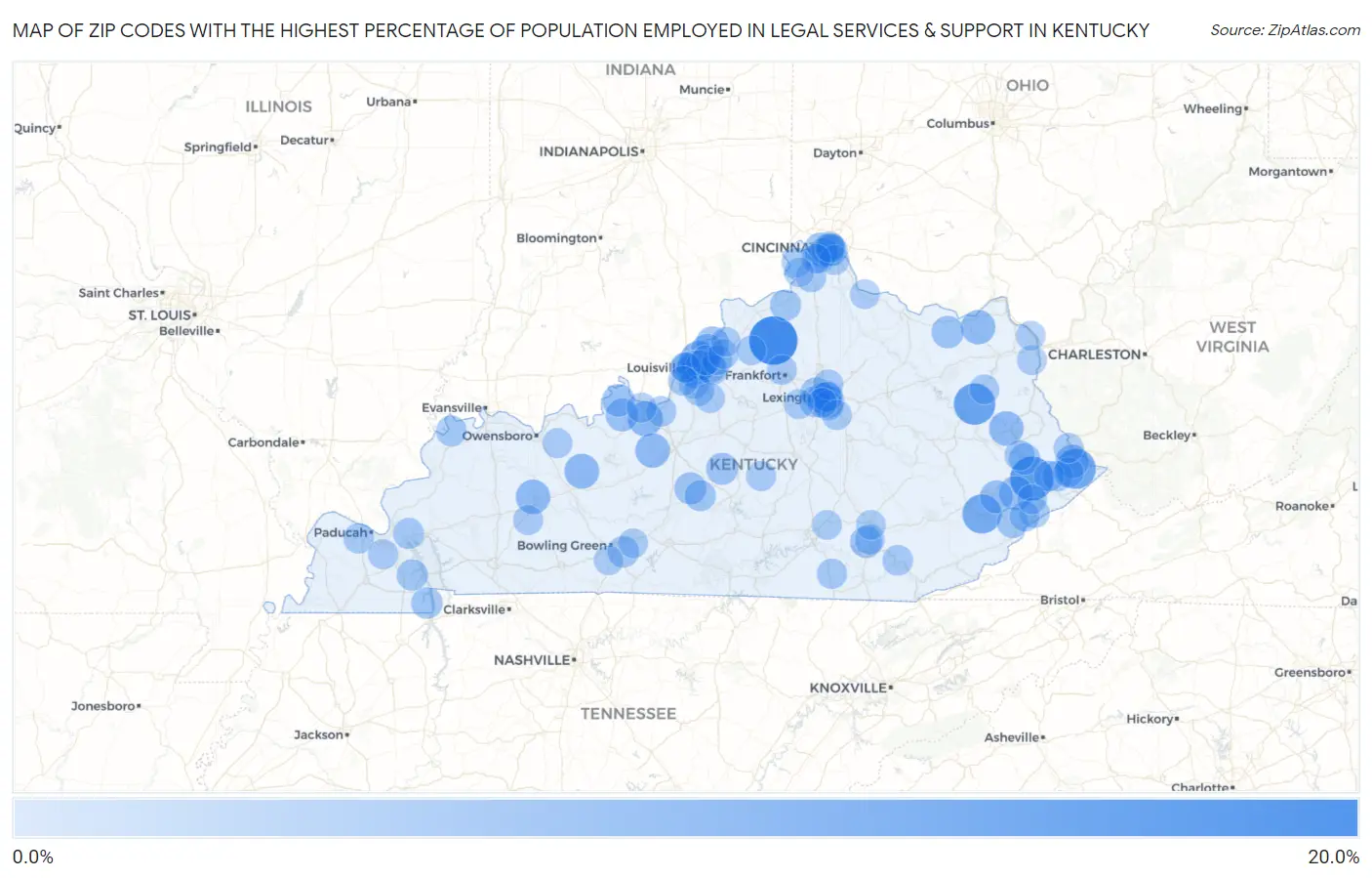 Zip Codes with the Highest Percentage of Population Employed in Legal Services & Support in Kentucky Map