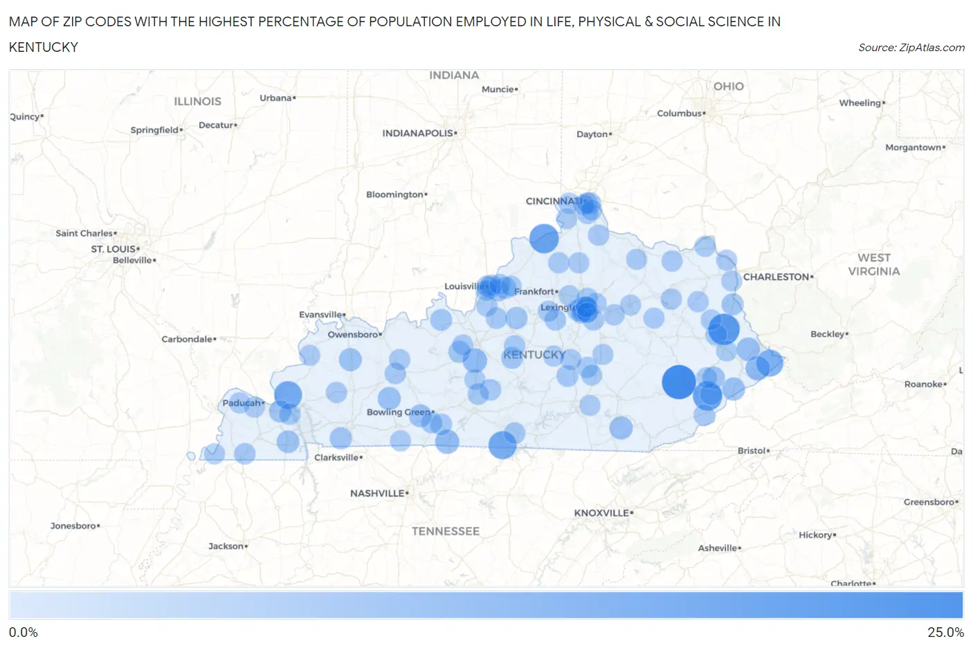 Zip Codes with the Highest Percentage of Population Employed in Life, Physical & Social Science in Kentucky Map