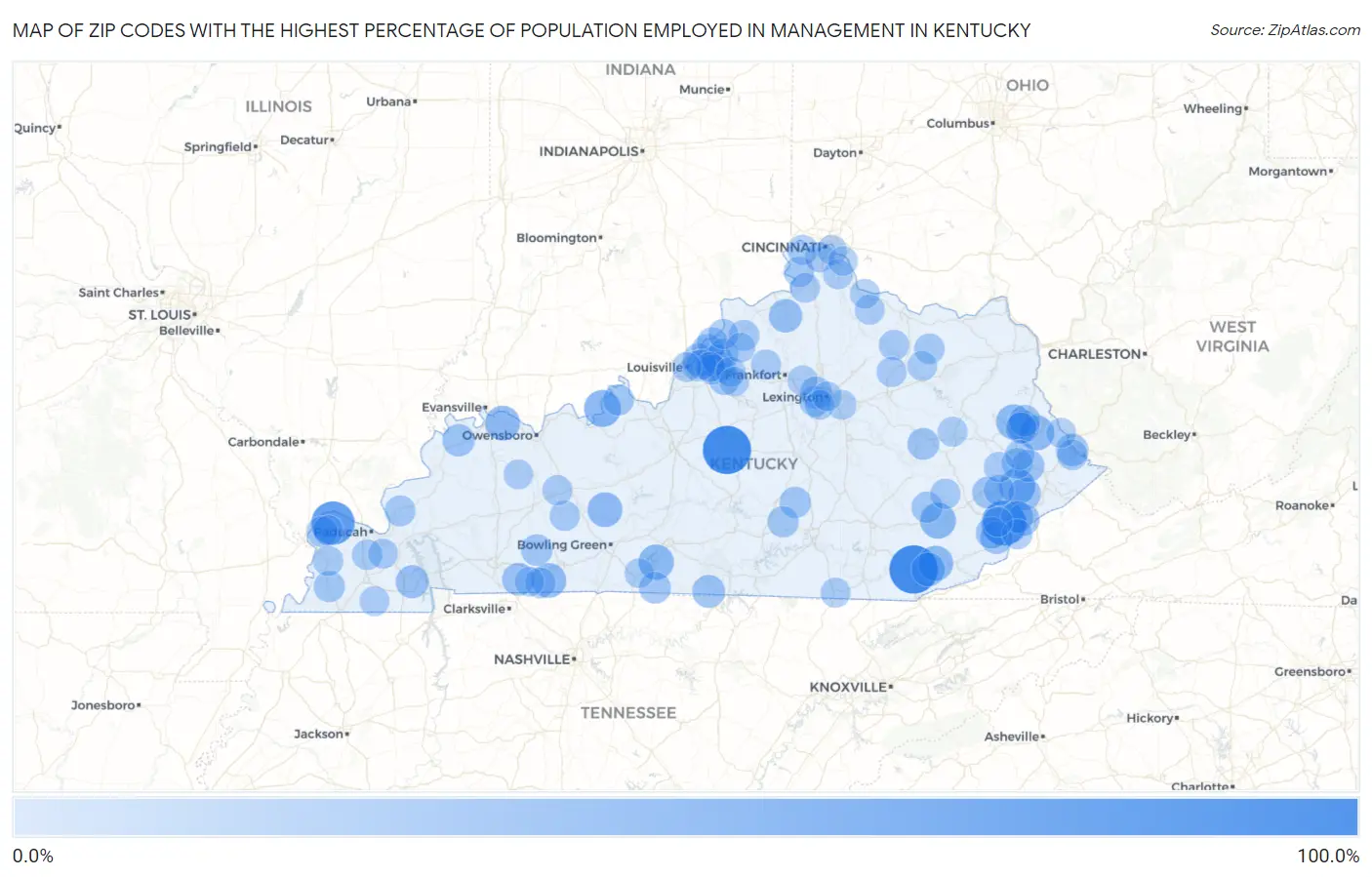 Zip Codes with the Highest Percentage of Population Employed in Management in Kentucky Map