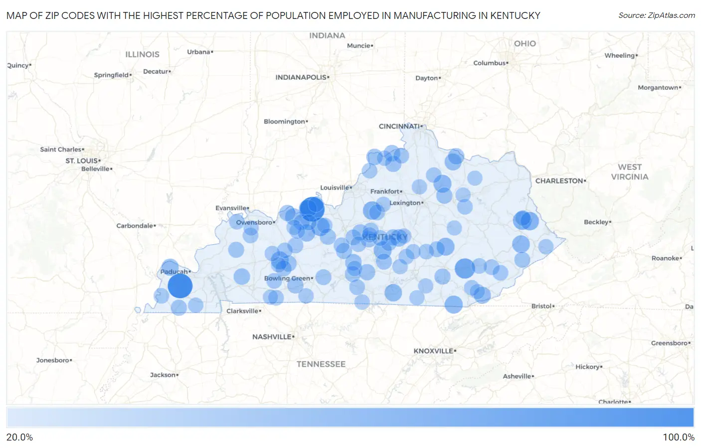 Zip Codes with the Highest Percentage of Population Employed in Manufacturing in Kentucky Map