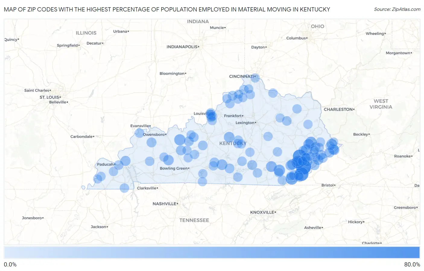 Zip Codes with the Highest Percentage of Population Employed in Material Moving in Kentucky Map