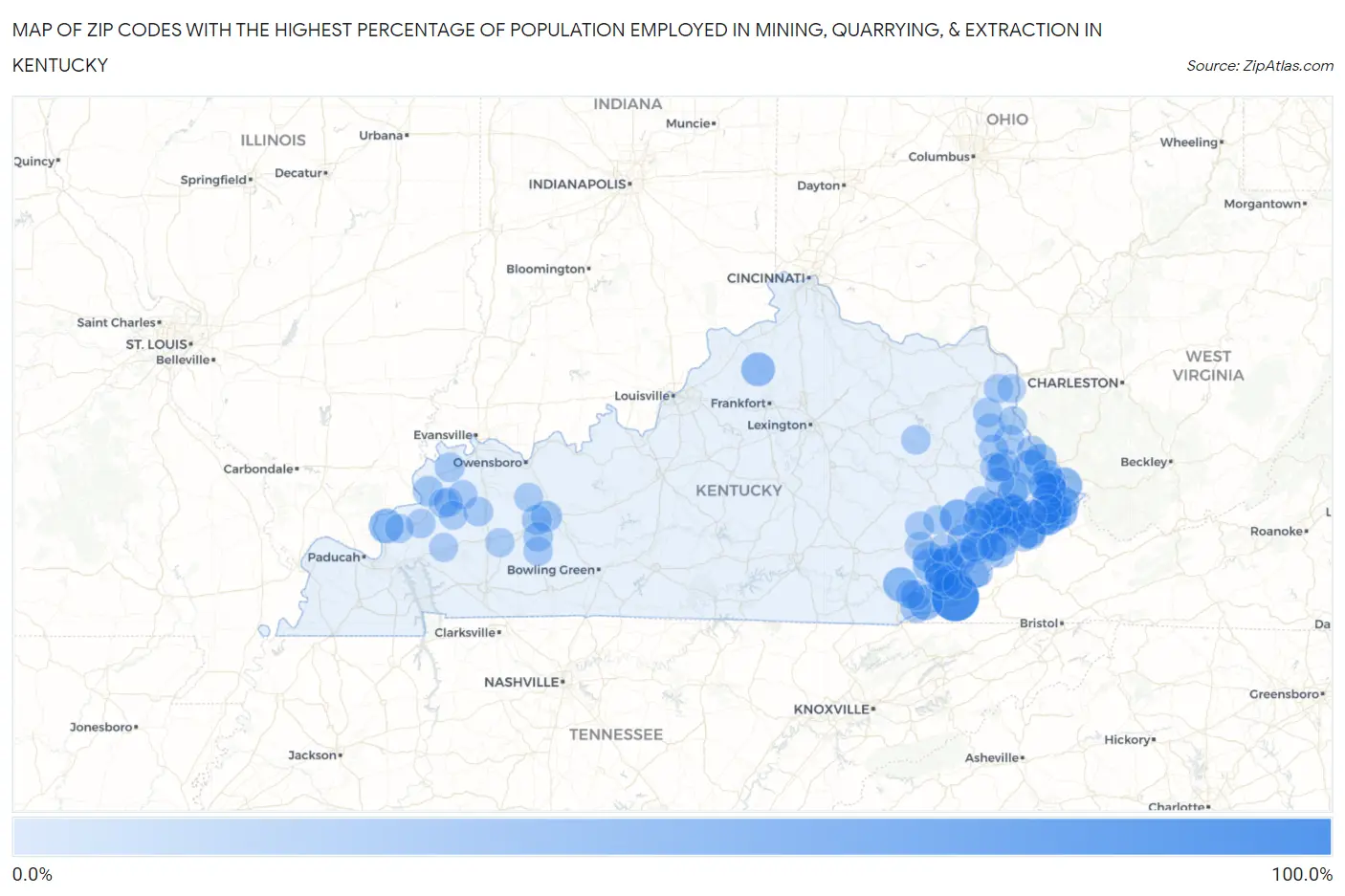 Zip Codes with the Highest Percentage of Population Employed in Mining, Quarrying, & Extraction in Kentucky Map