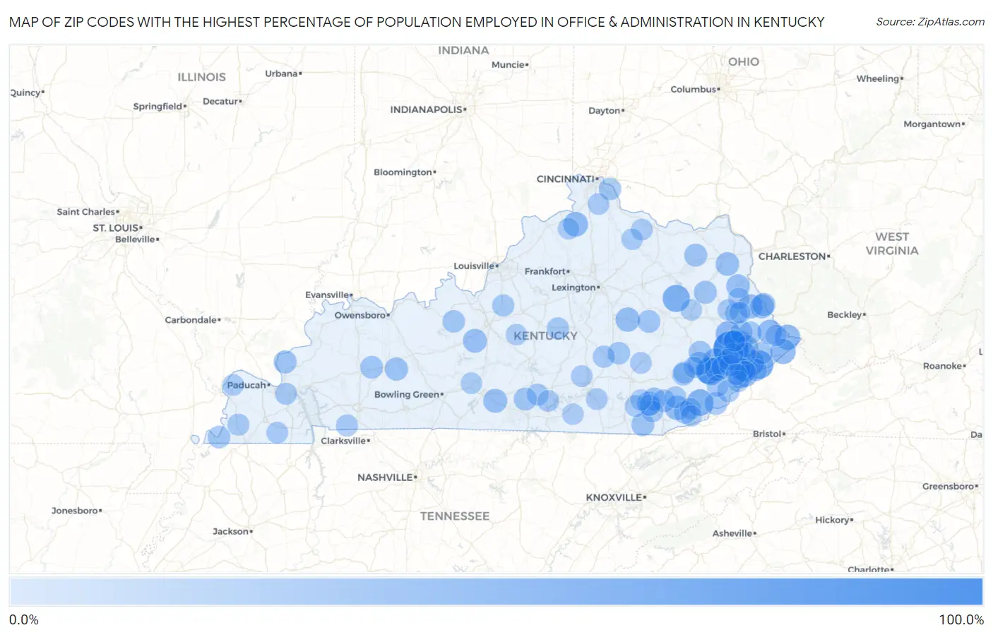 Zip Codes with the Highest Percentage of Population Employed in Office & Administration in Kentucky Map