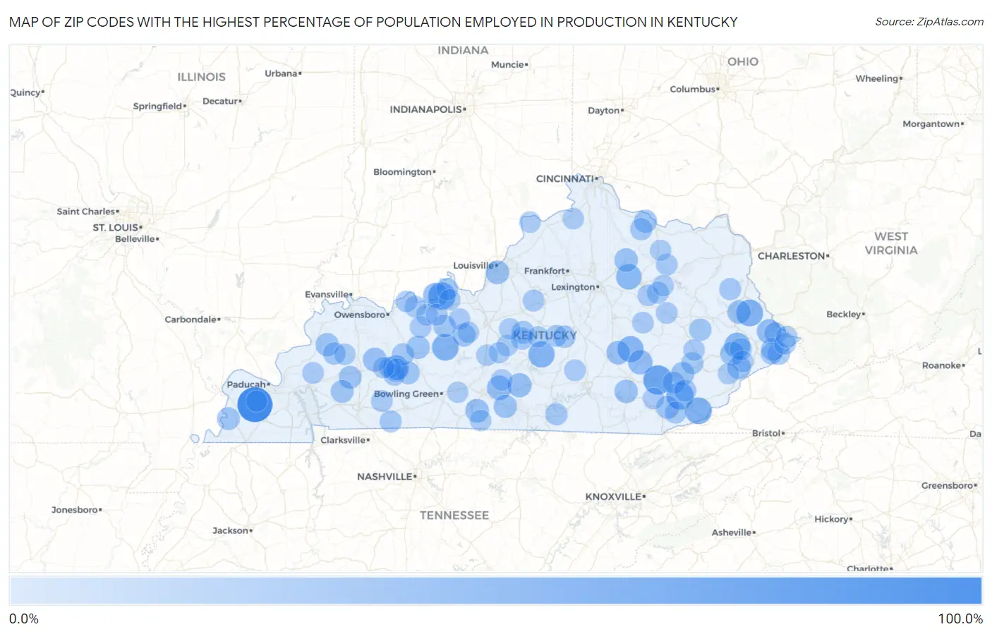 Zip Codes with the Highest Percentage of Population Employed in Production in Kentucky Map