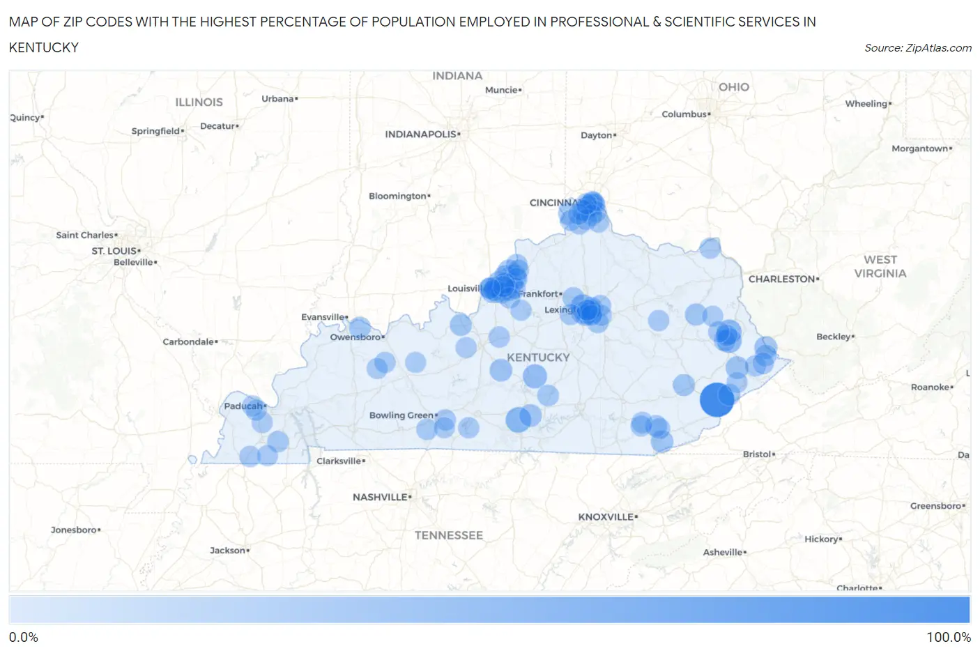Zip Codes with the Highest Percentage of Population Employed in Professional & Scientific Services in Kentucky Map