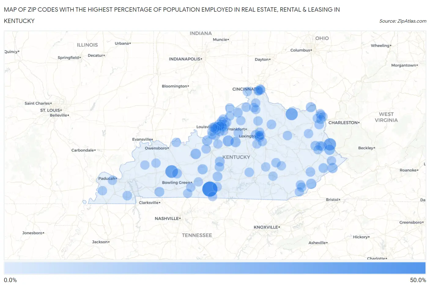 Zip Codes with the Highest Percentage of Population Employed in Real Estate, Rental & Leasing in Kentucky Map