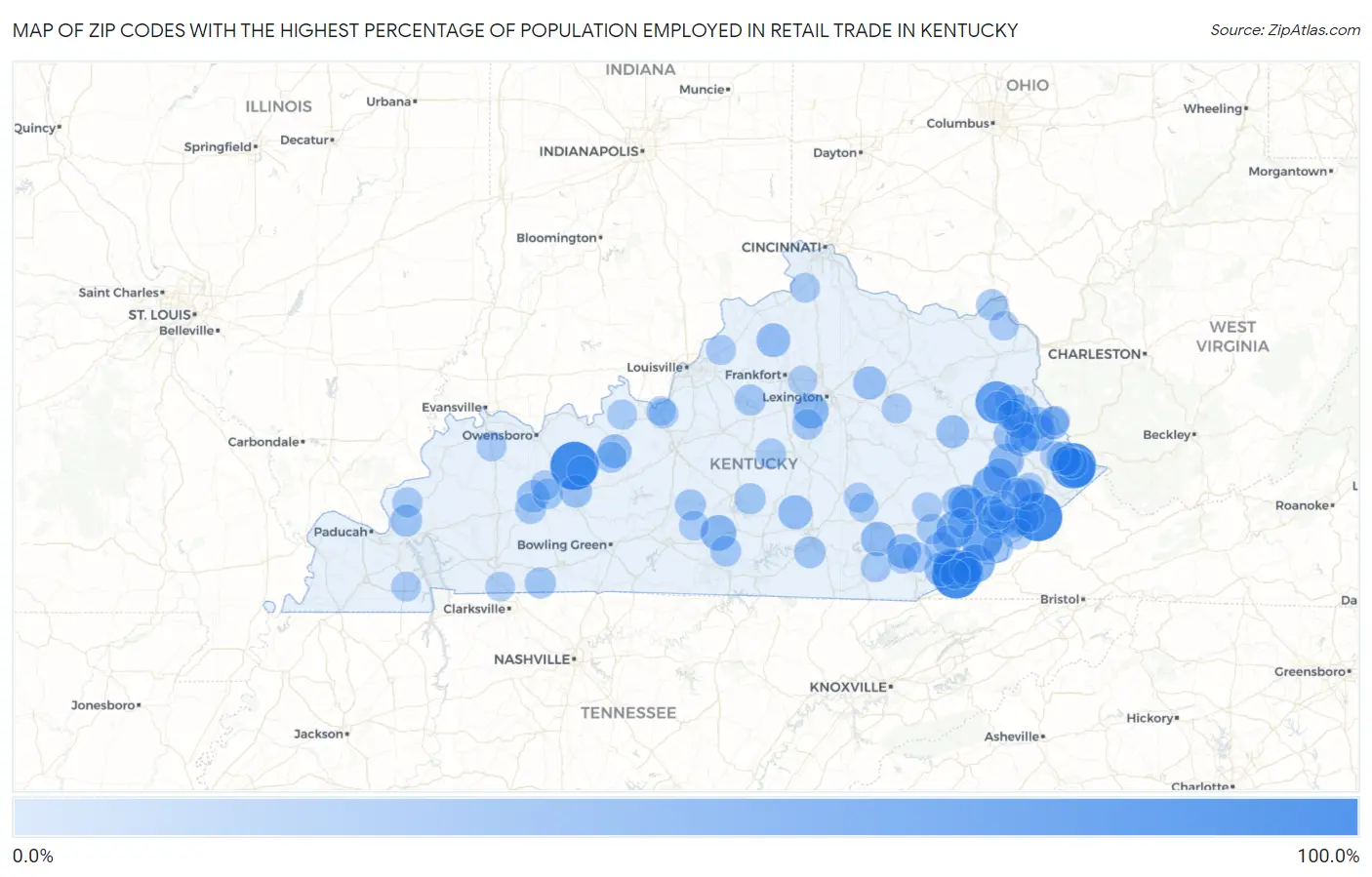 Zip Codes with the Highest Percentage of Population Employed in Retail Trade in Kentucky Map