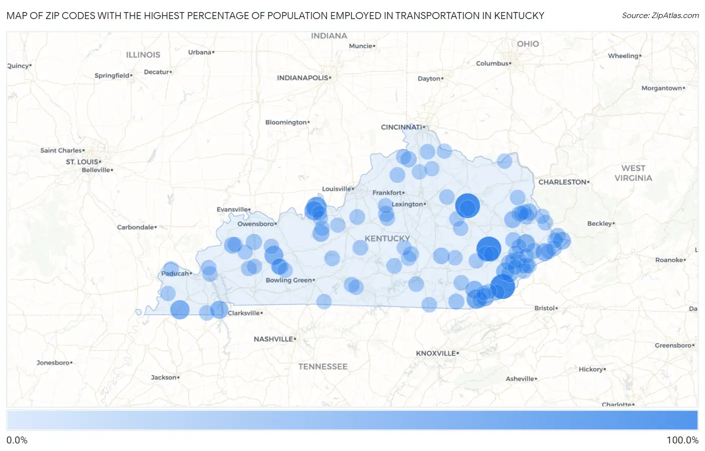 Zip Codes with the Highest Percentage of Population Employed in Transportation in Kentucky Map