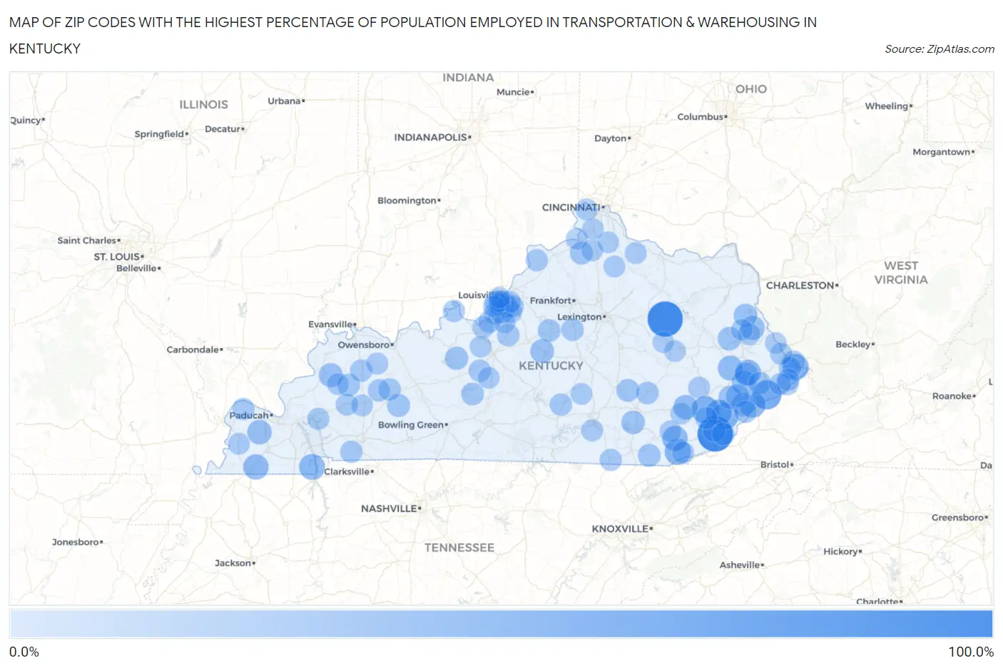 Zip Codes with the Highest Percentage of Population Employed in Transportation & Warehousing in Kentucky Map
