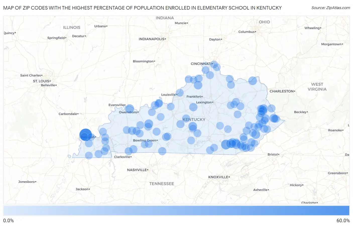 Zip Codes with the Highest Percentage of Population Enrolled in Elementary School in Kentucky Map