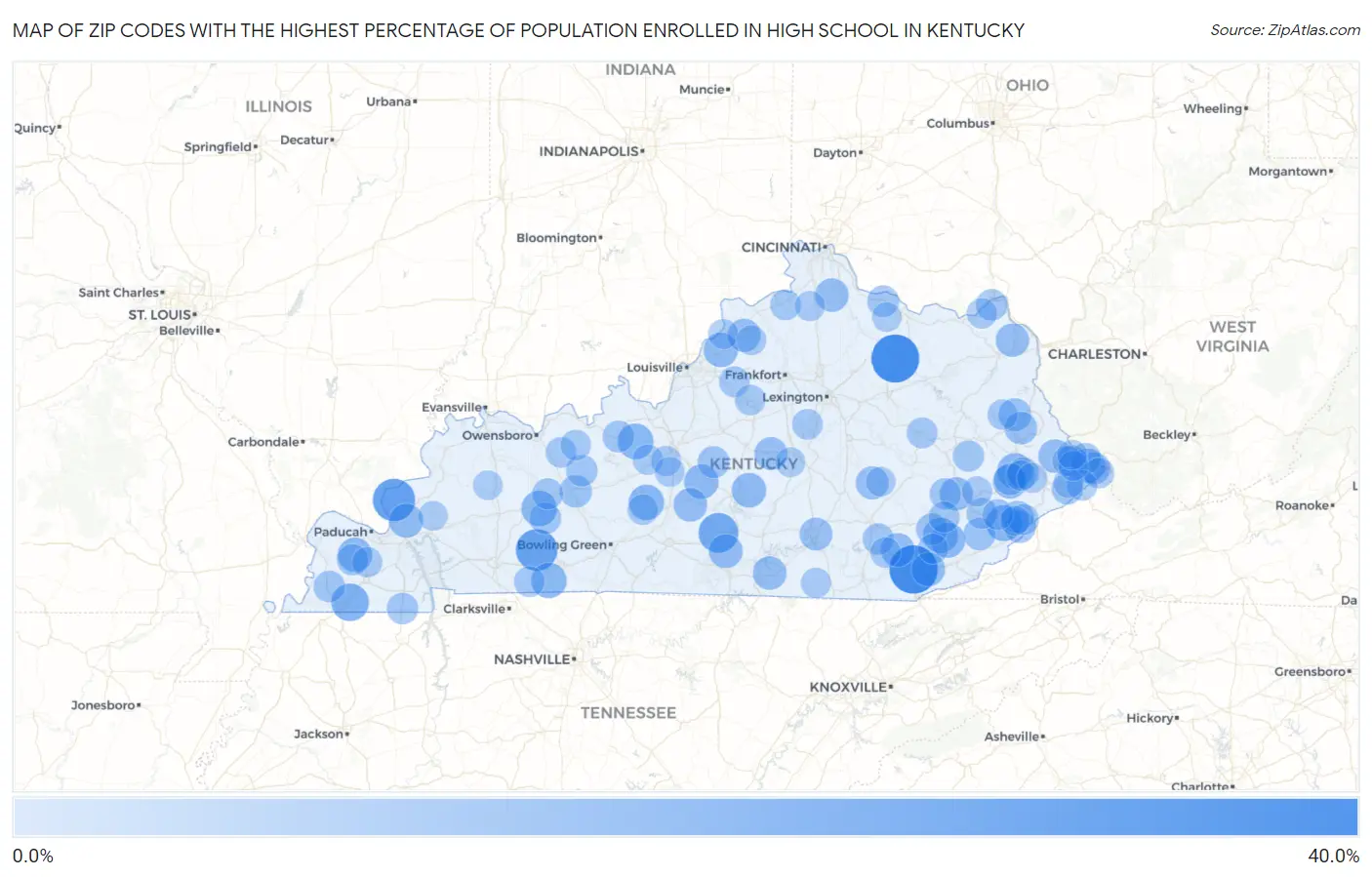 Zip Codes with the Highest Percentage of Population Enrolled in High School in Kentucky Map
