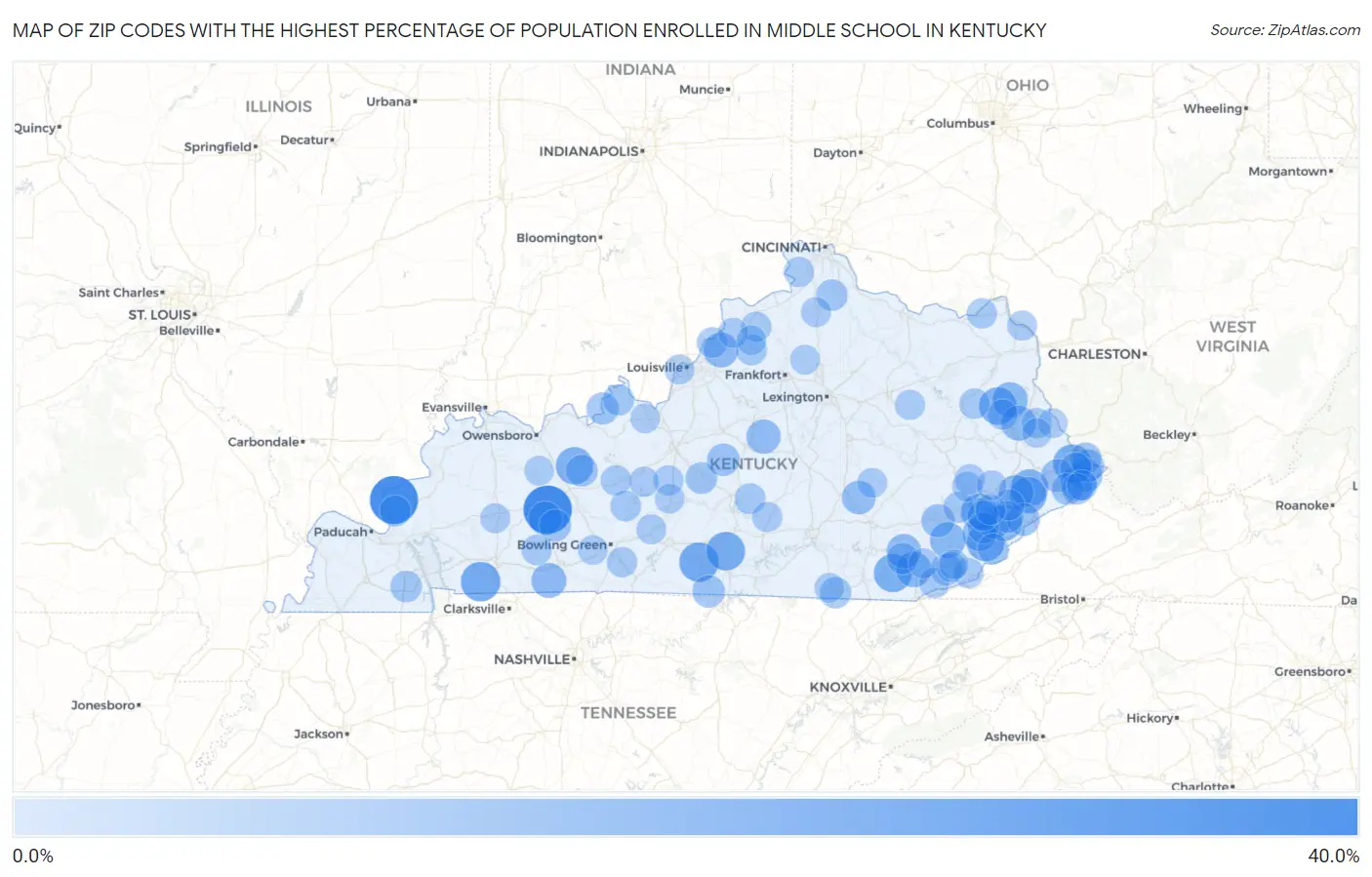 Zip Codes with the Highest Percentage of Population Enrolled in Middle School in Kentucky Map
