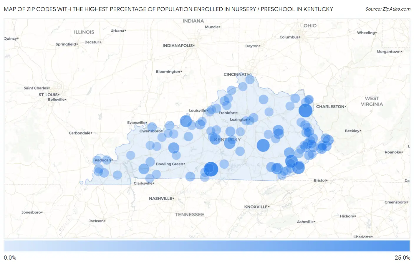 Zip Codes with the Highest Percentage of Population Enrolled in Nursery / Preschool in Kentucky Map