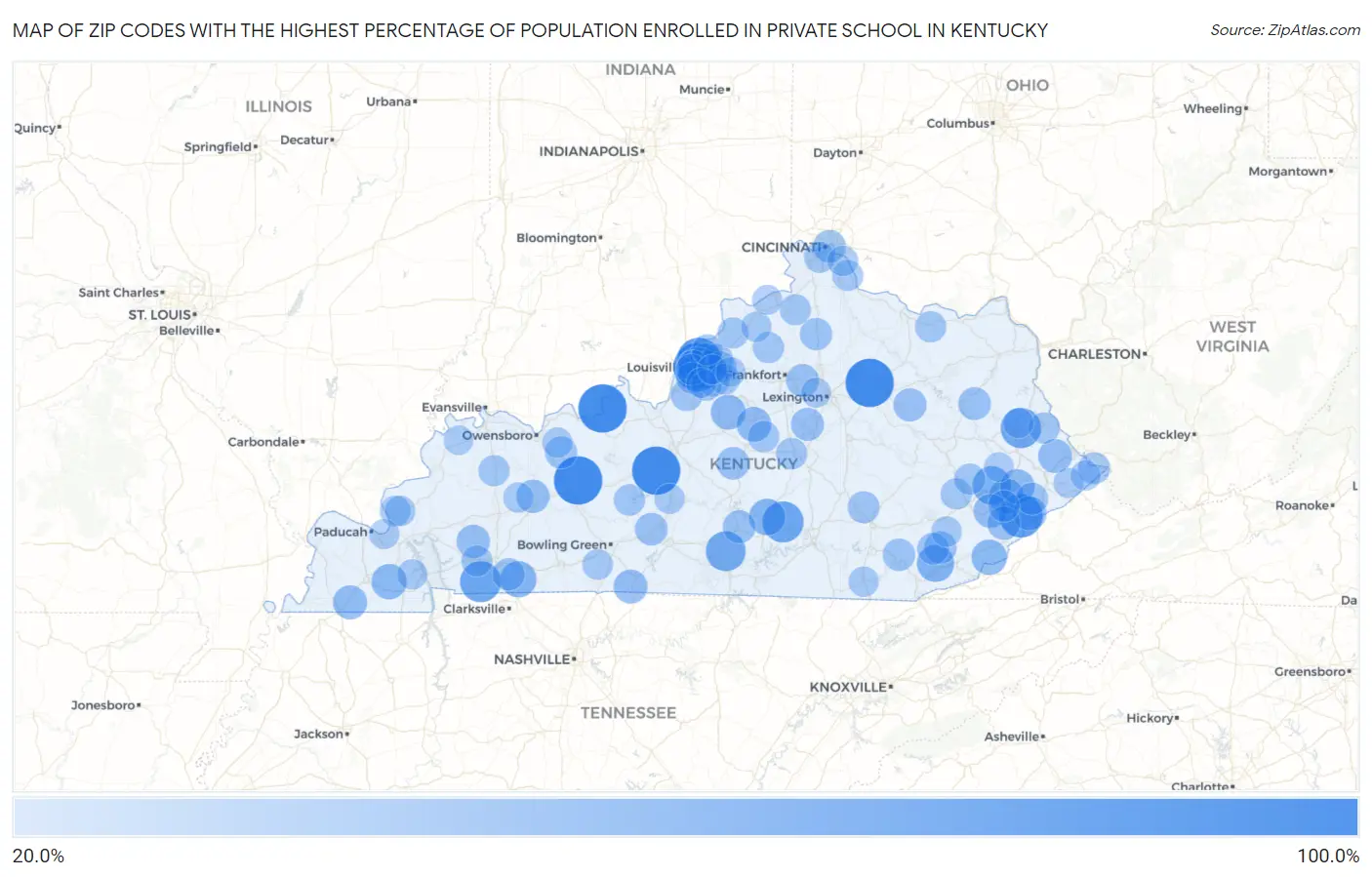 Zip Codes with the Highest Percentage of Population Enrolled in Private School in Kentucky Map