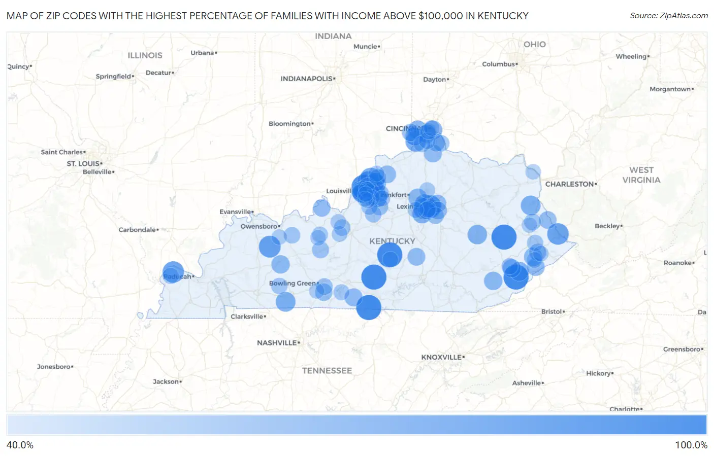 Zip Codes with the Highest Percentage of Families with Income Above $100,000 in Kentucky Map