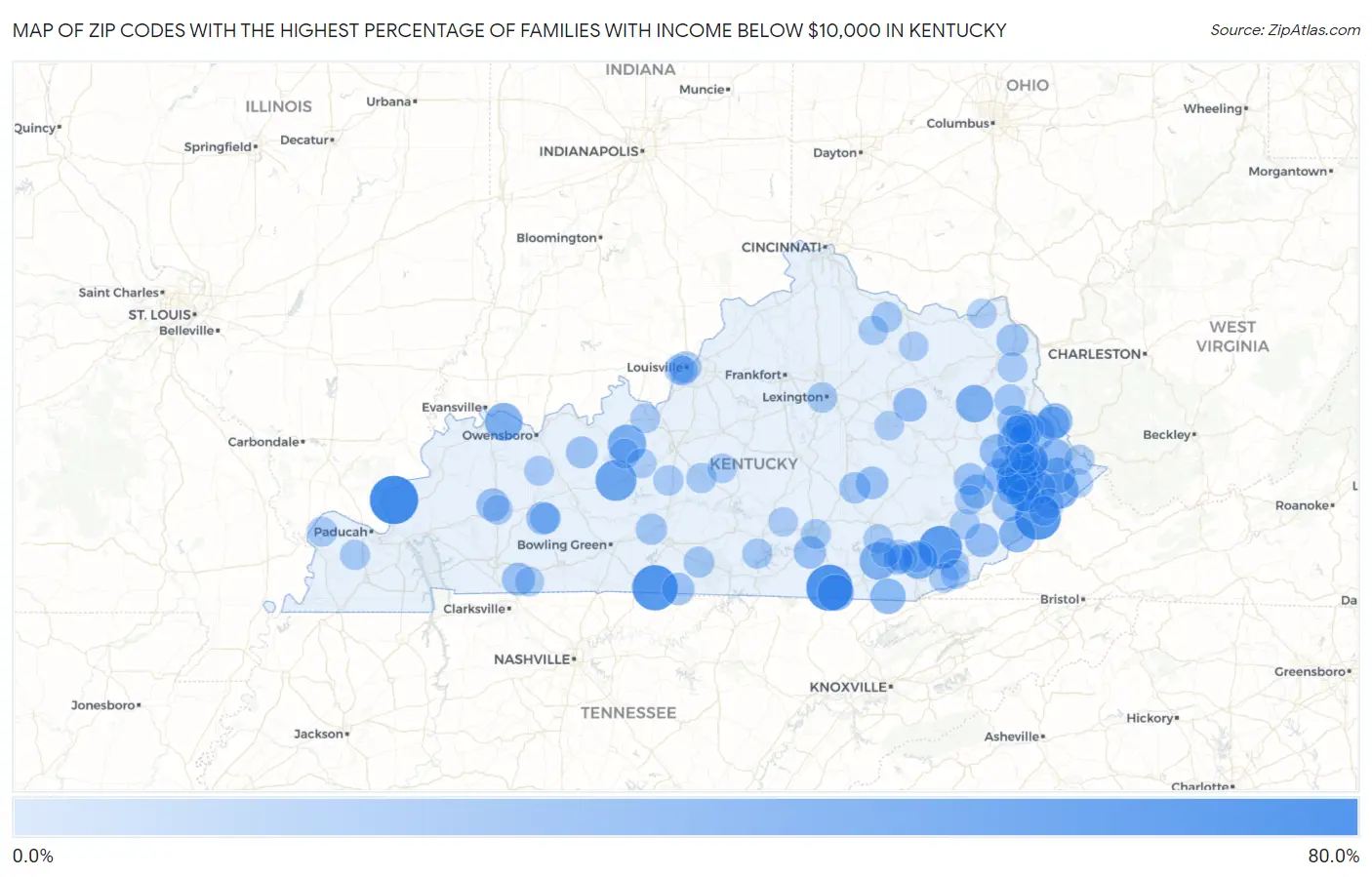 Zip Codes with the Highest Percentage of Families with Income Below $10,000 in Kentucky Map