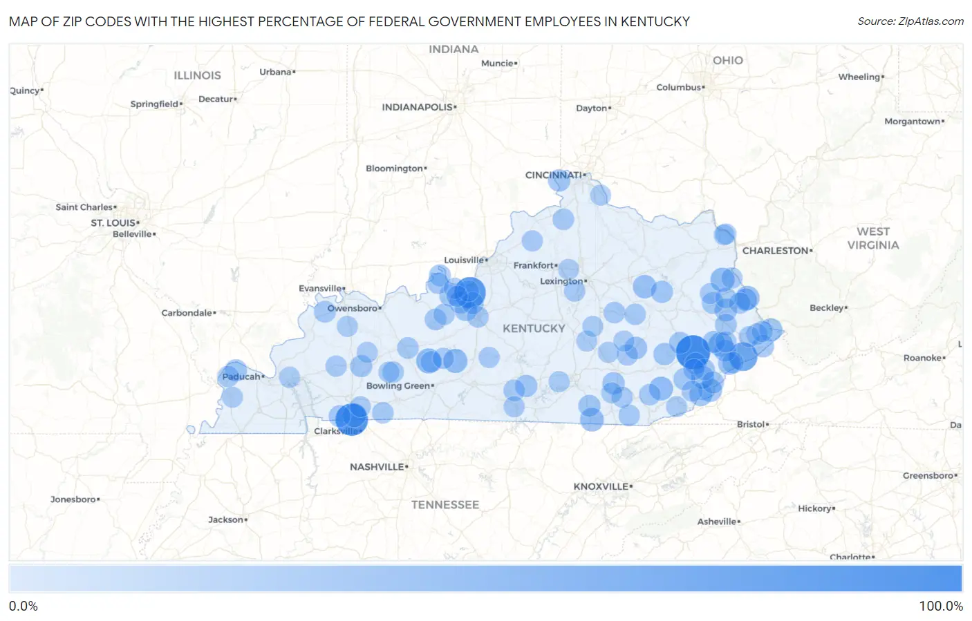 Zip Codes with the Highest Percentage of Federal Government Employees in Kentucky Map